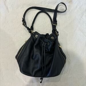Ora Delphine Black Leather Bucket Bag w/Drawstring Closure & Gold Toned Hardware